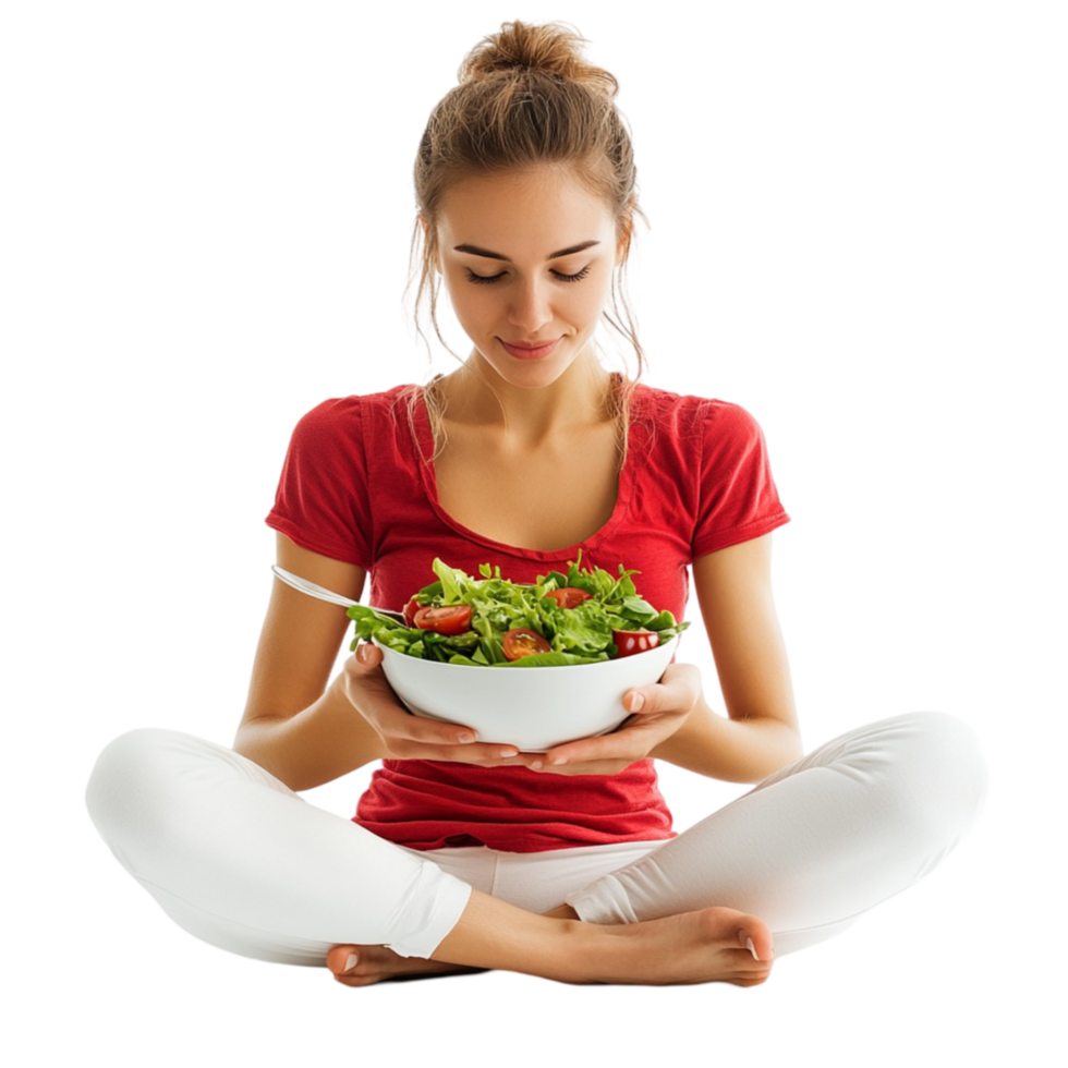 A woman sitting in the lotus position with a bowl of salad png