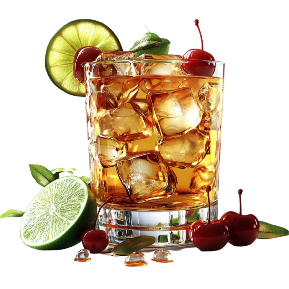 A glass of whiskey with cherries and lime png