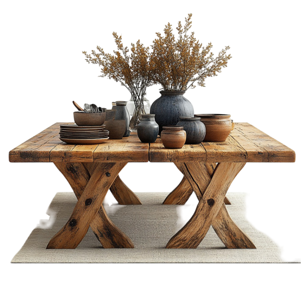 A rustic wooden table with vases and bowls png