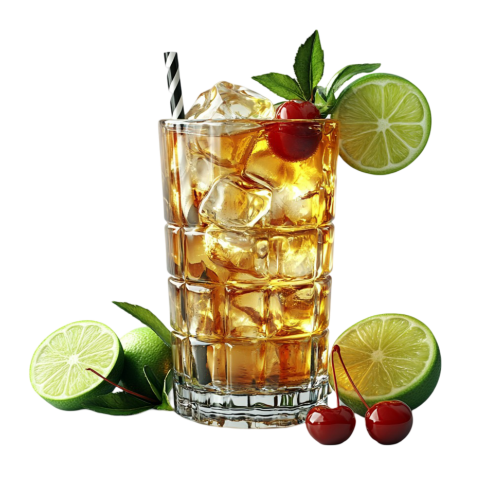 A glass of iced tea with lime and cherries png