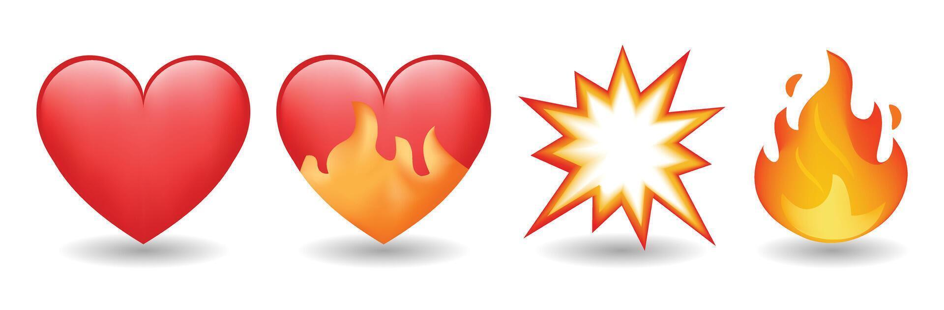 Flash, heart on fire and flame emoji illustration isolated on white background. 3d illustration vector