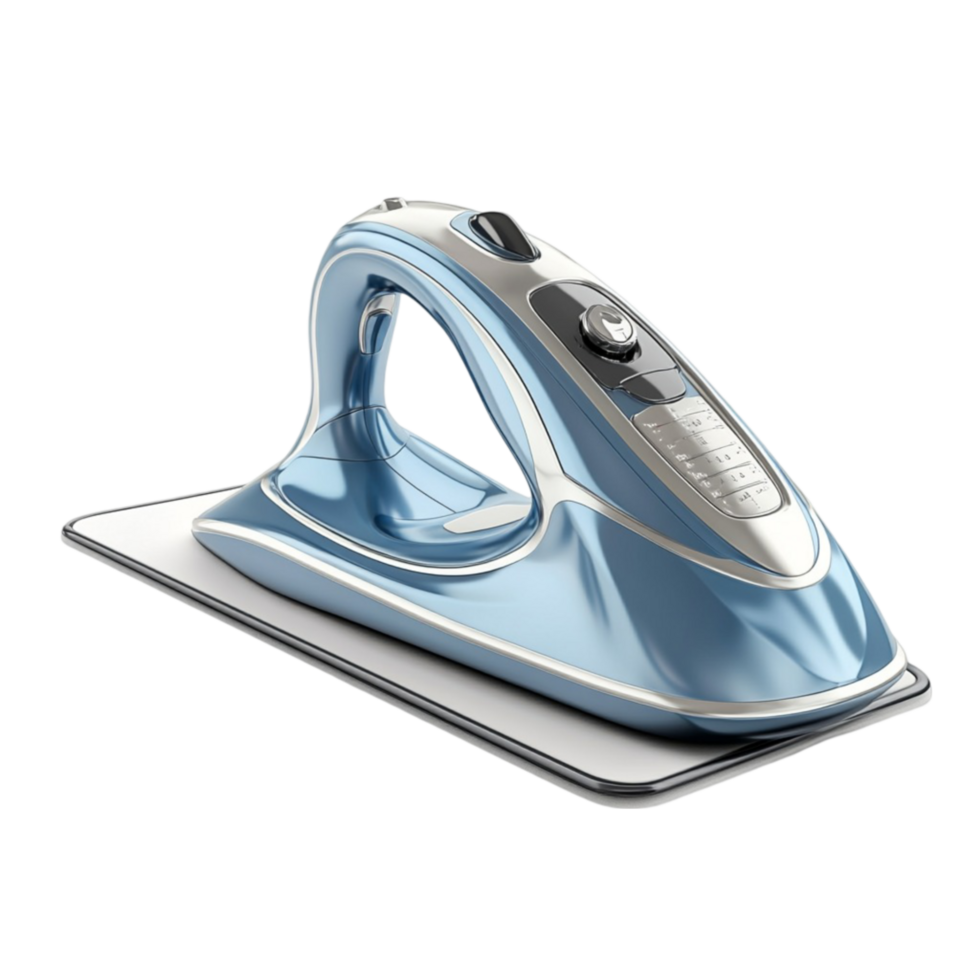 A blue and silver iron on a white surface png
