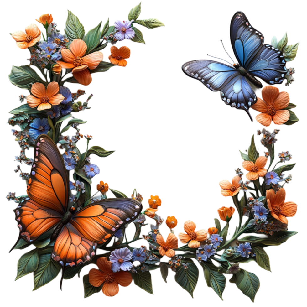 Butterflies and flowers in a wreath png