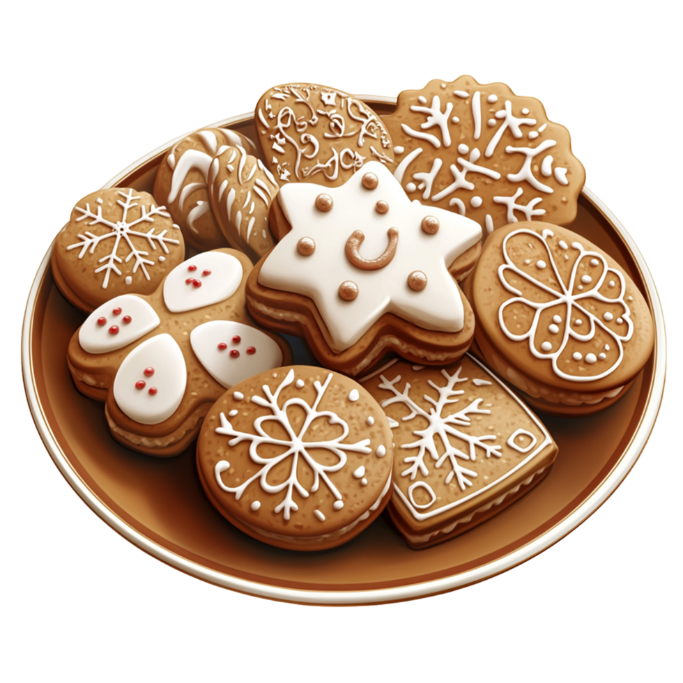Festive Gingerbread Cookies Assortment with Icing Decorations on Plate png