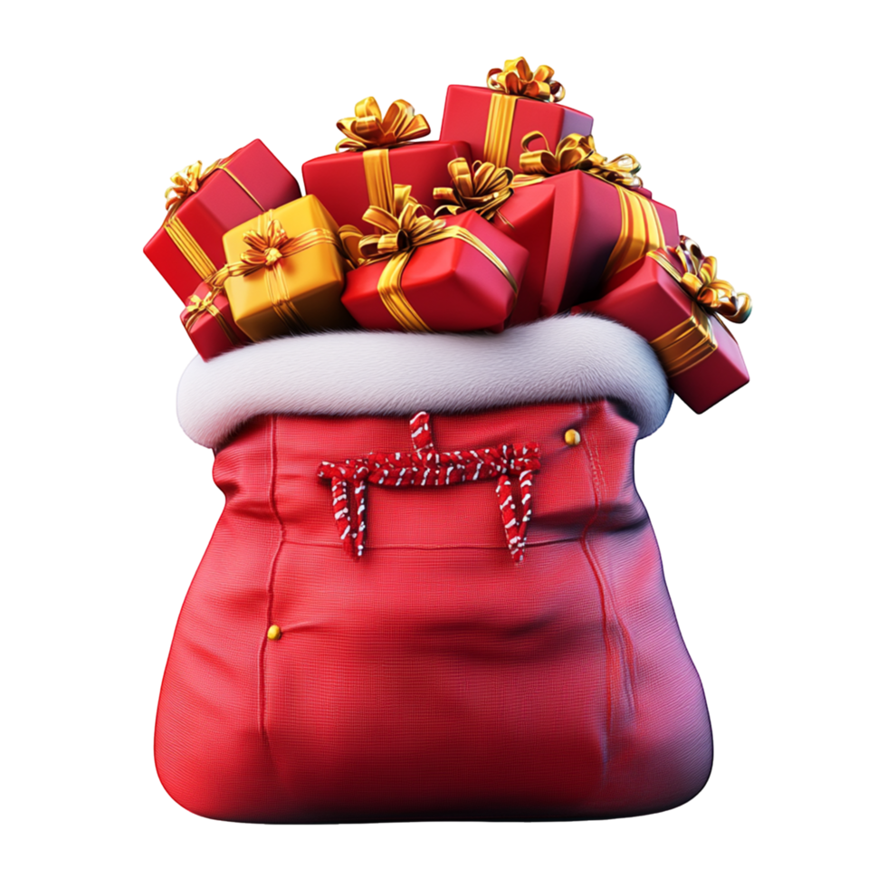 Santas Red Gift Bag Filled with Wrapped Presents and Holiday Cheer png