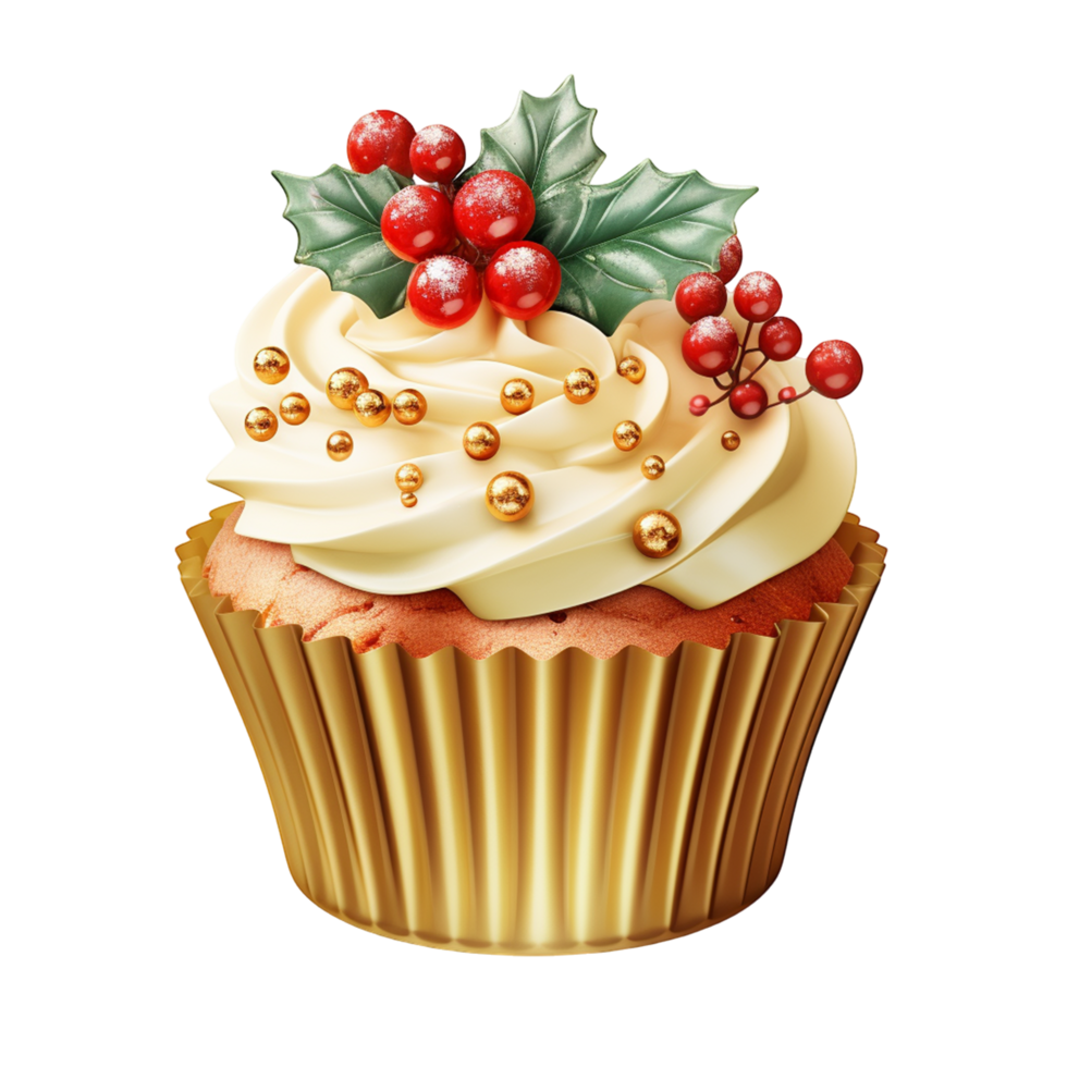 Golden Christmas Cupcake with Holly Berry Topping png