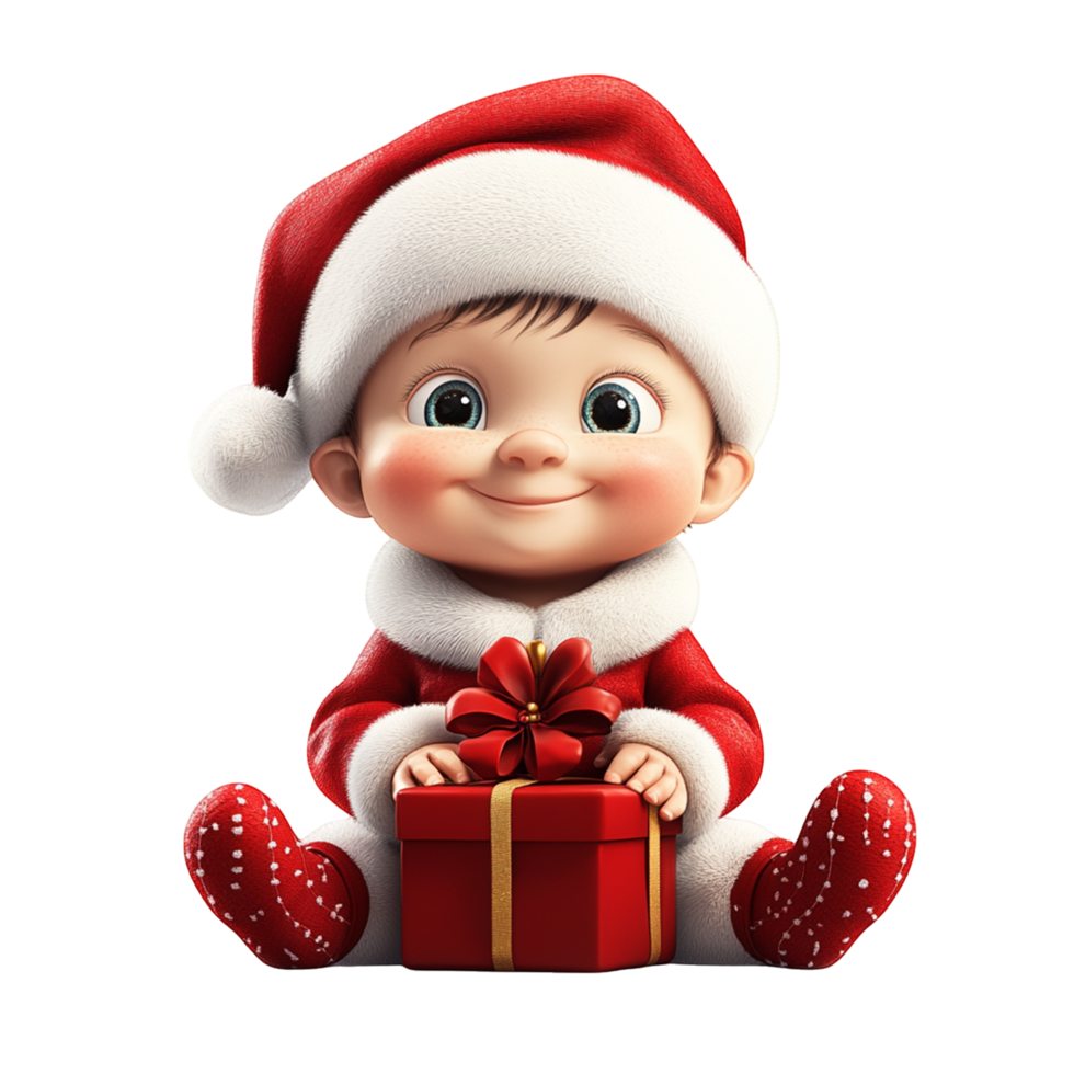 Cute Baby Holding Christmas Gift Box Adorable Holiday Portrait in Santa Outfit png