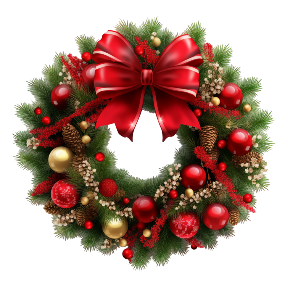 Elegant Holiday Wreath with Red Bow and Baubles png