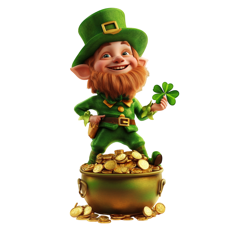 Lucky Leprechaun Sitting on a Gold Pot with Clover png