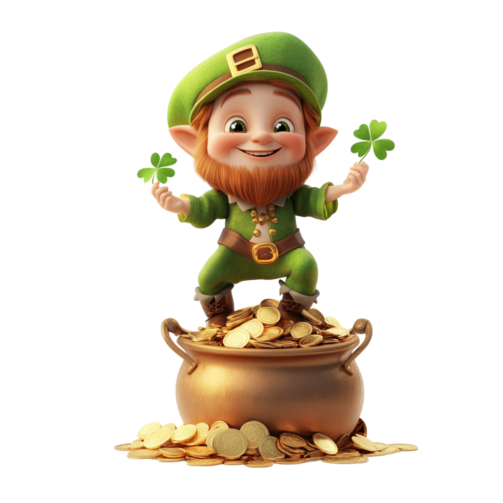 Cheerful Leprechaun with Pot of Gold and Shamrocks for St Patricks Day png
