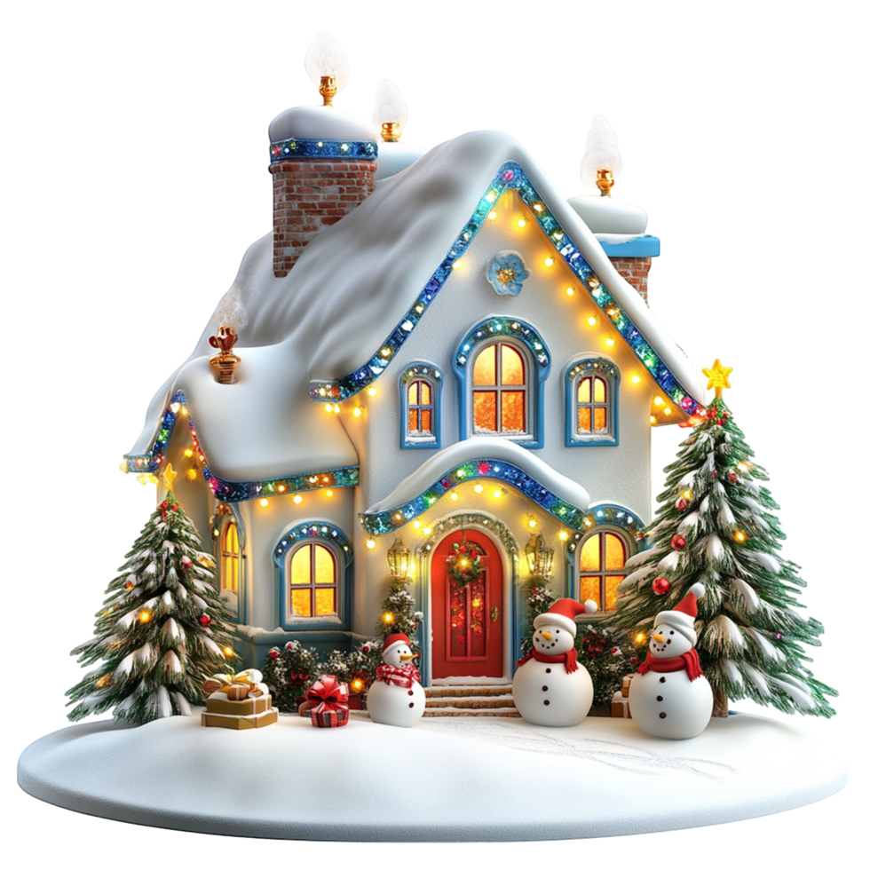 Charming Winter Cottage with Snow Covered Roof and Christmas Lights png