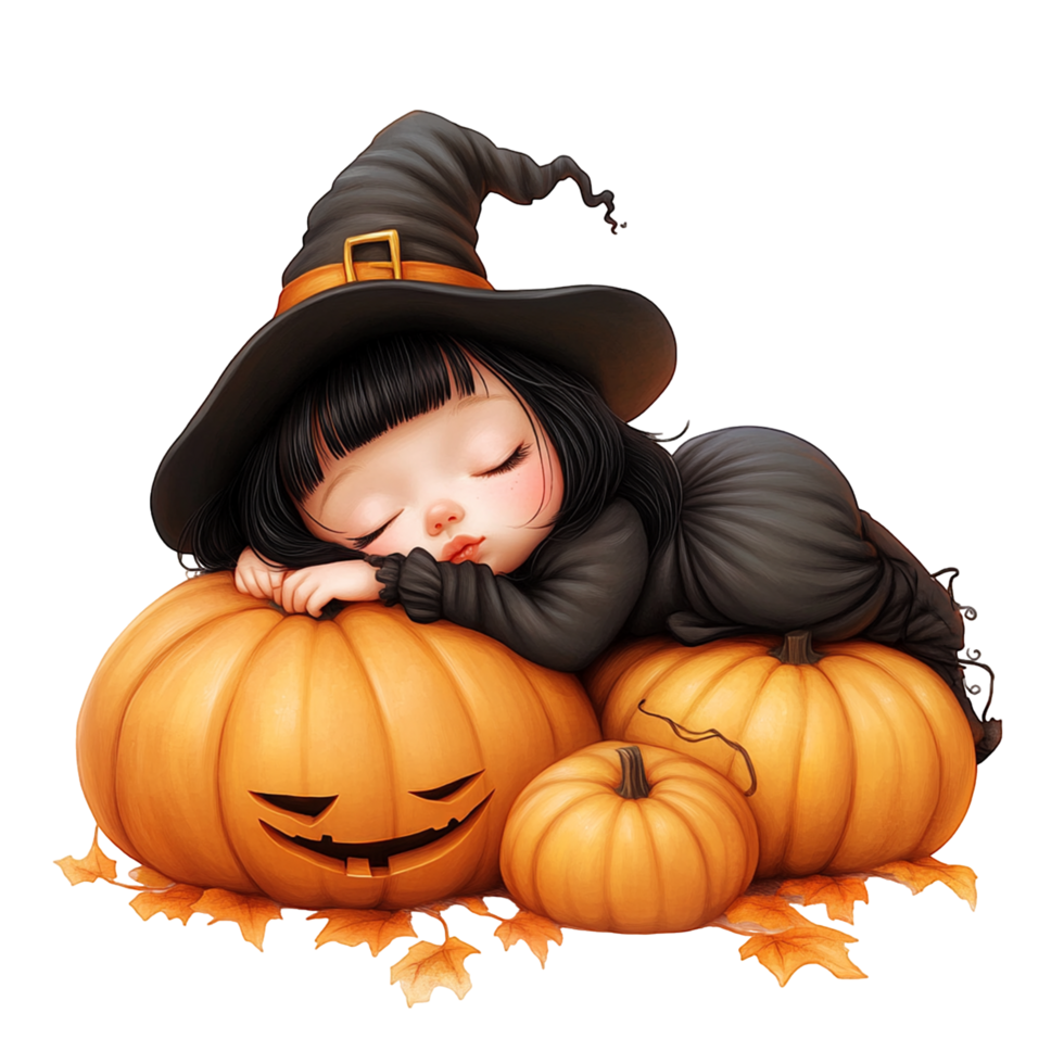 Cute Sleeping Witch with Pumpkins png