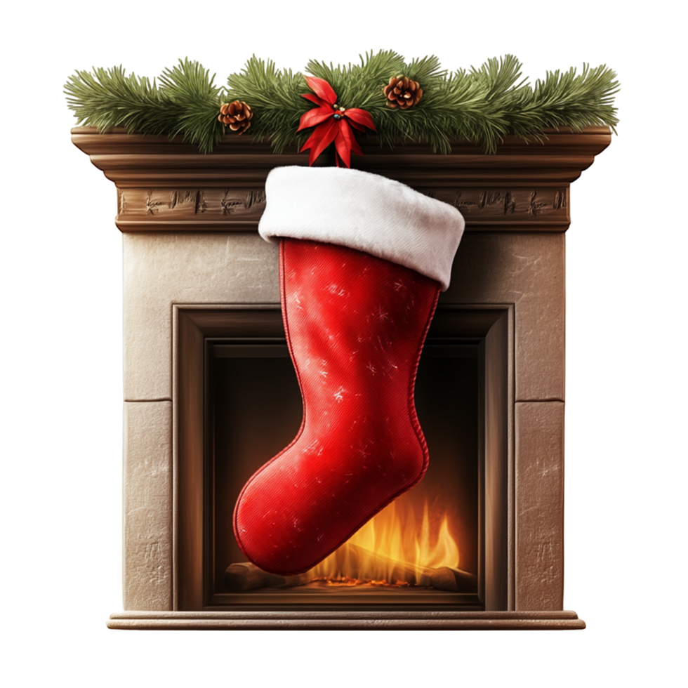 Cozy Fireplace with Hanging Stocking and Christmas Decorations png