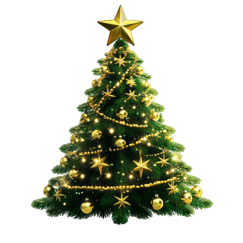 Decorated Christmas Tree with Star Topper and Golden Ornaments png