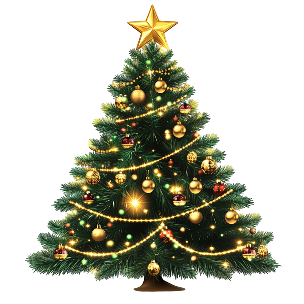Shiny Decorated Christmas Tree with Star Topper and Golden Lights png