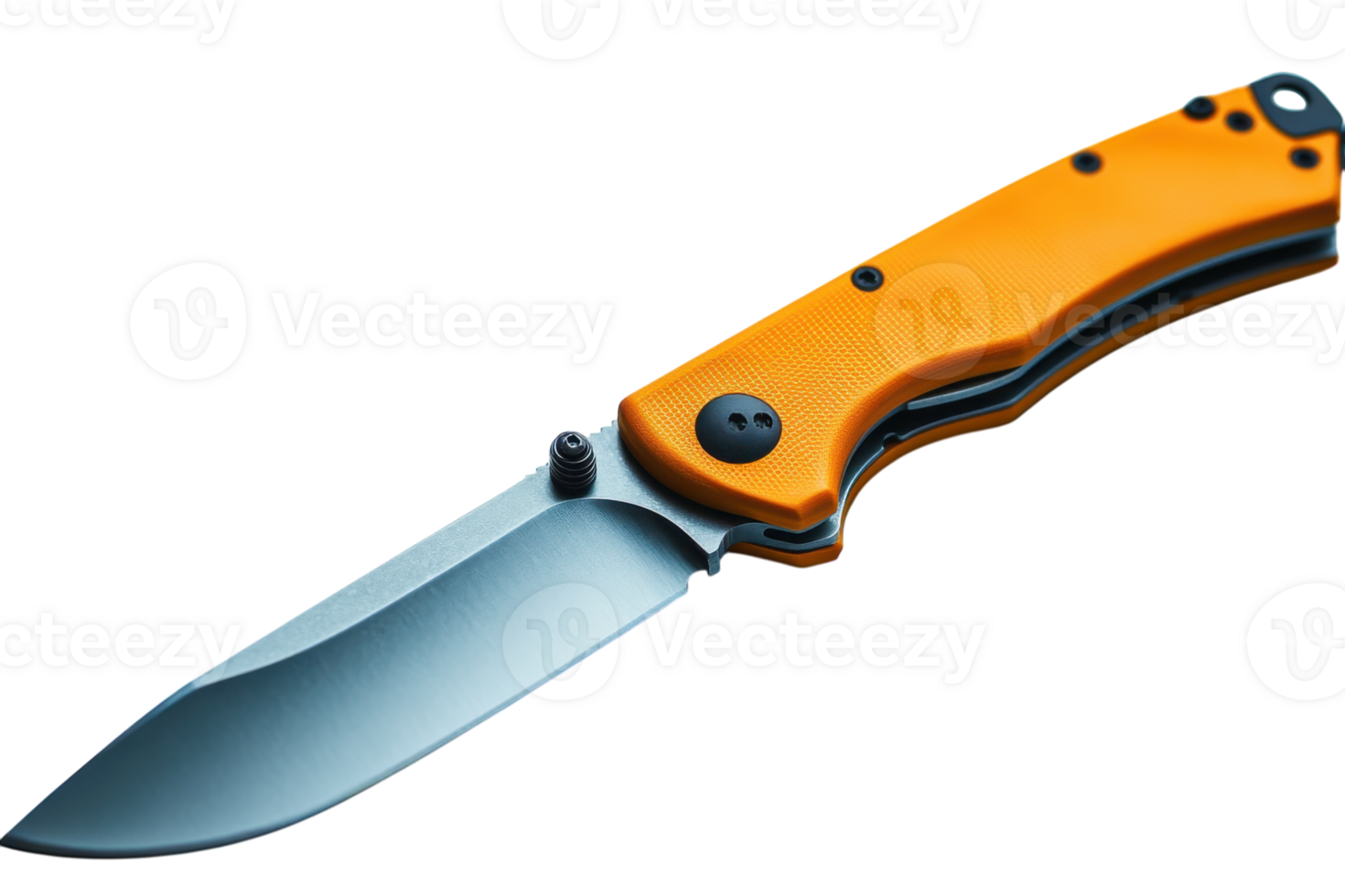 Folding knife with an orange handle resting on a white surface showcasing its sleek design and sharp blade png