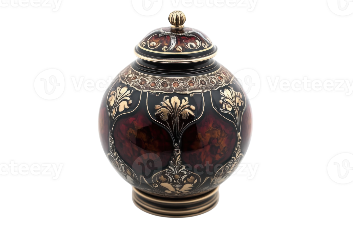 Decorative ceramic jar with intricate floral patterns and a gold accent lid displayed against a white background png