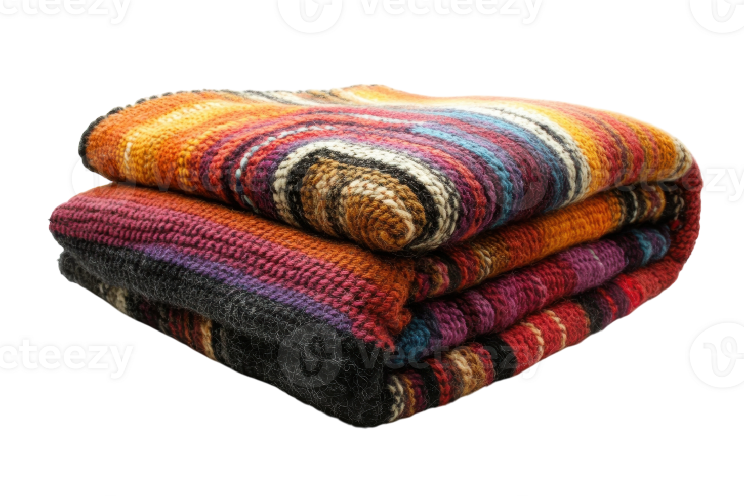 Cozy handmade blankets stacked with vibrant colors, perfect for adding warmth to any space during chilly evenings png