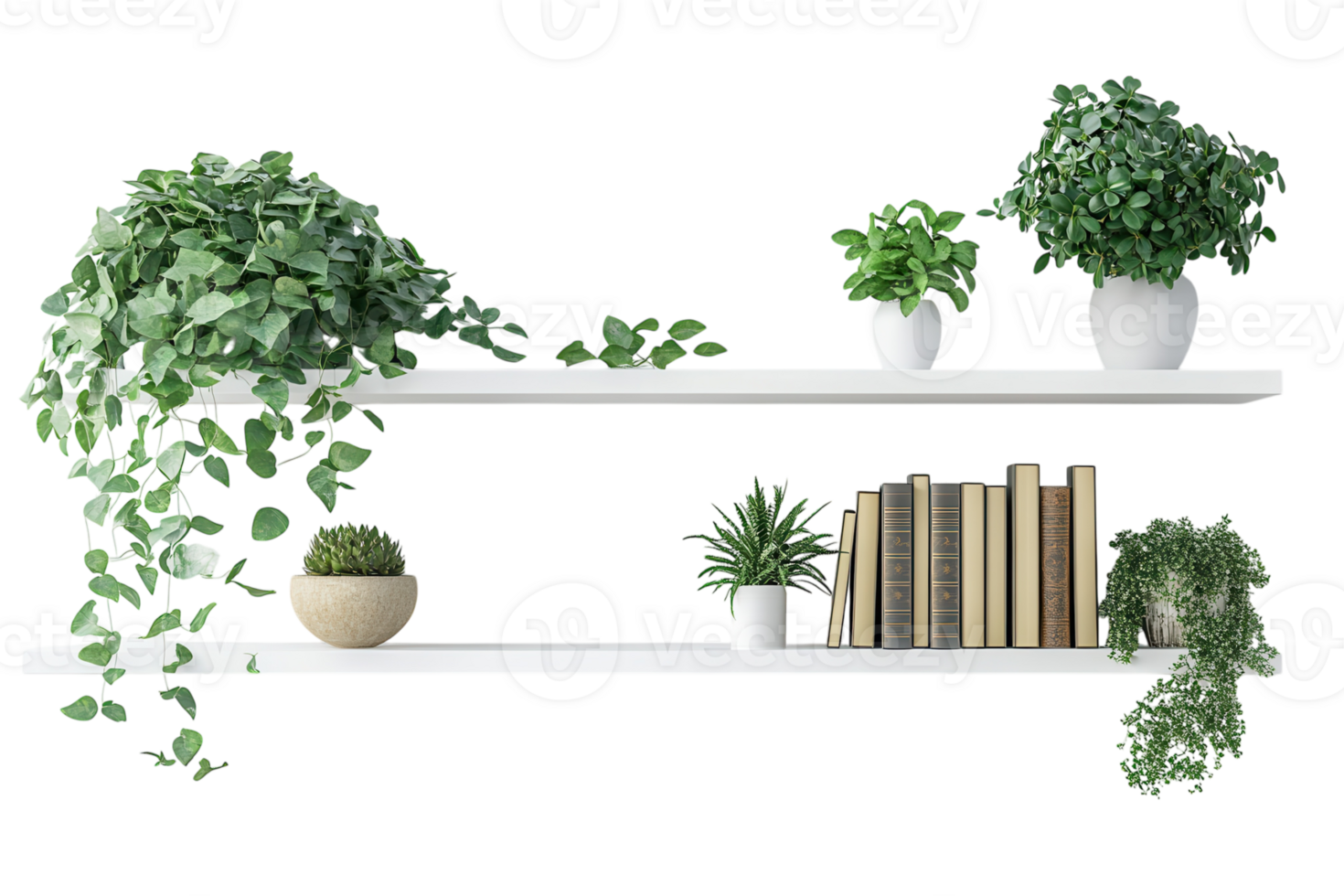 Creative home decor with indoor plants on white shelves featuring a variety of greenery and books png