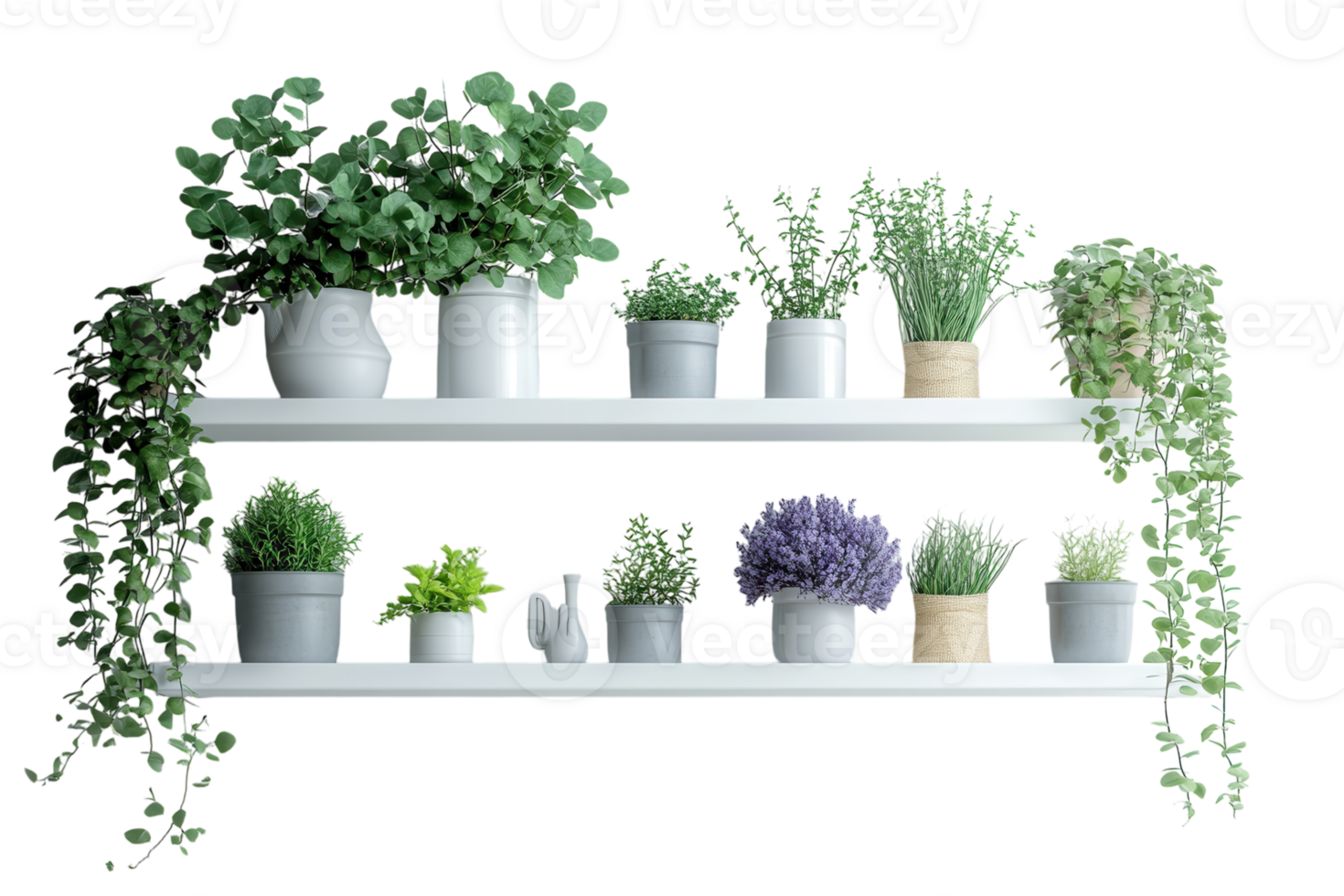 Indoor plant shelf with various greenery displayed in modern pots on white wall png