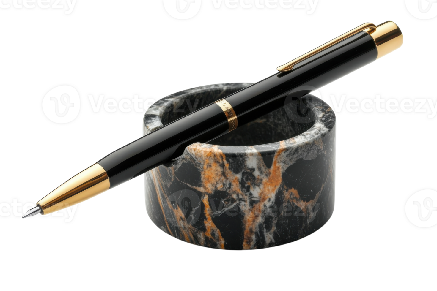 Elegant black and gold pen resting in a marble holder on a white background png