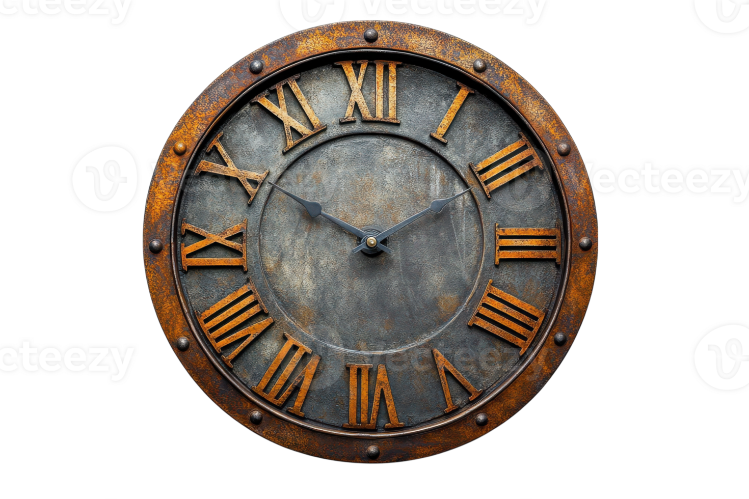 Rustic wall clock with Roman numerals showcasing vintage design and aged metal finish png