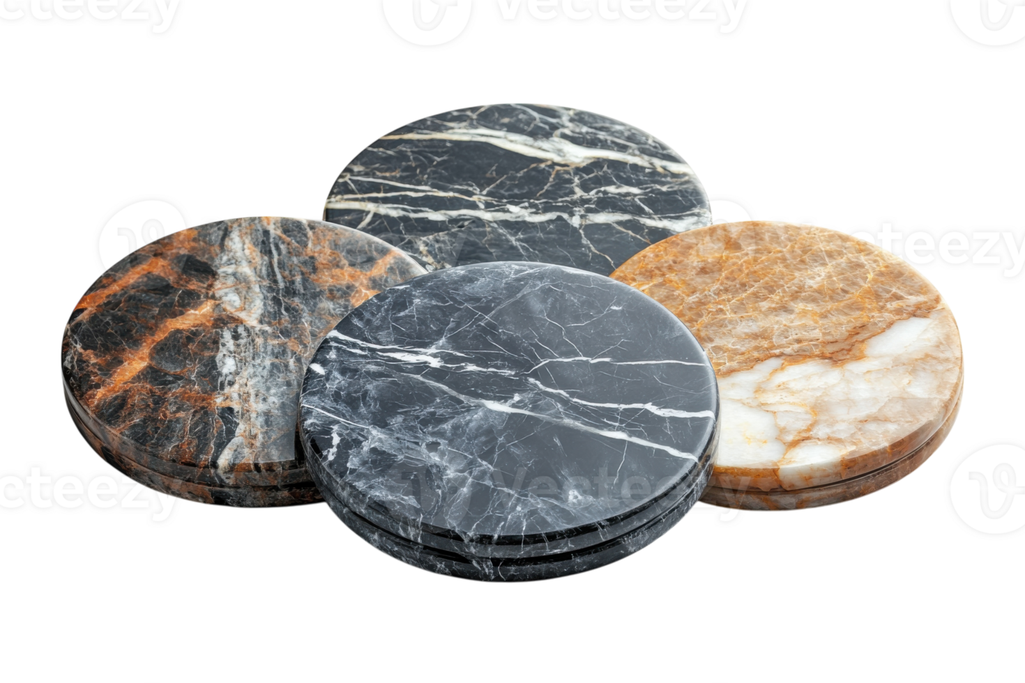 Elegant round marble coasters in various colors displayed on a white background for a decorative touch png