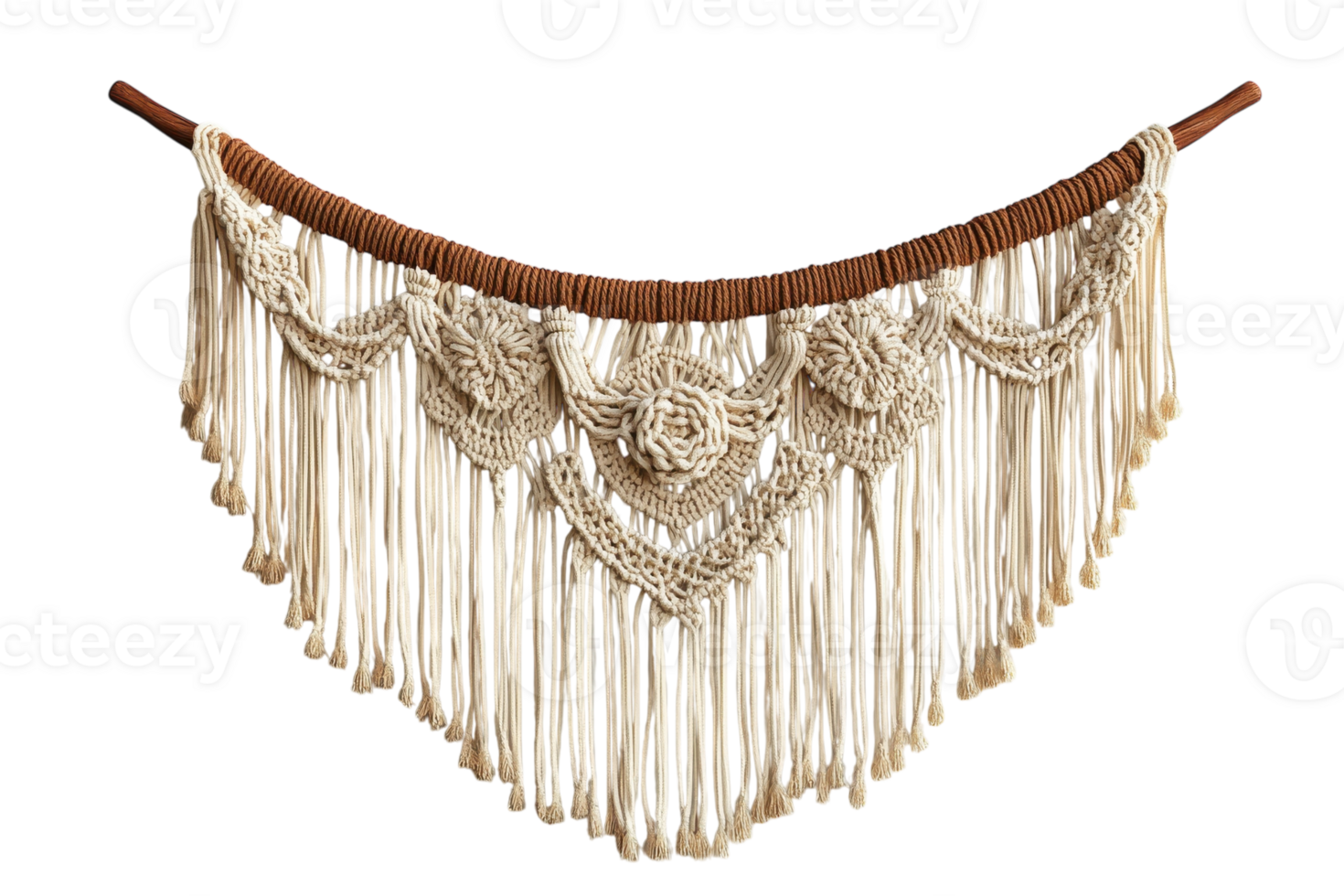 Intricate macrame wall hanging showcases craftsmanship and creativity in a minimalist home setting png