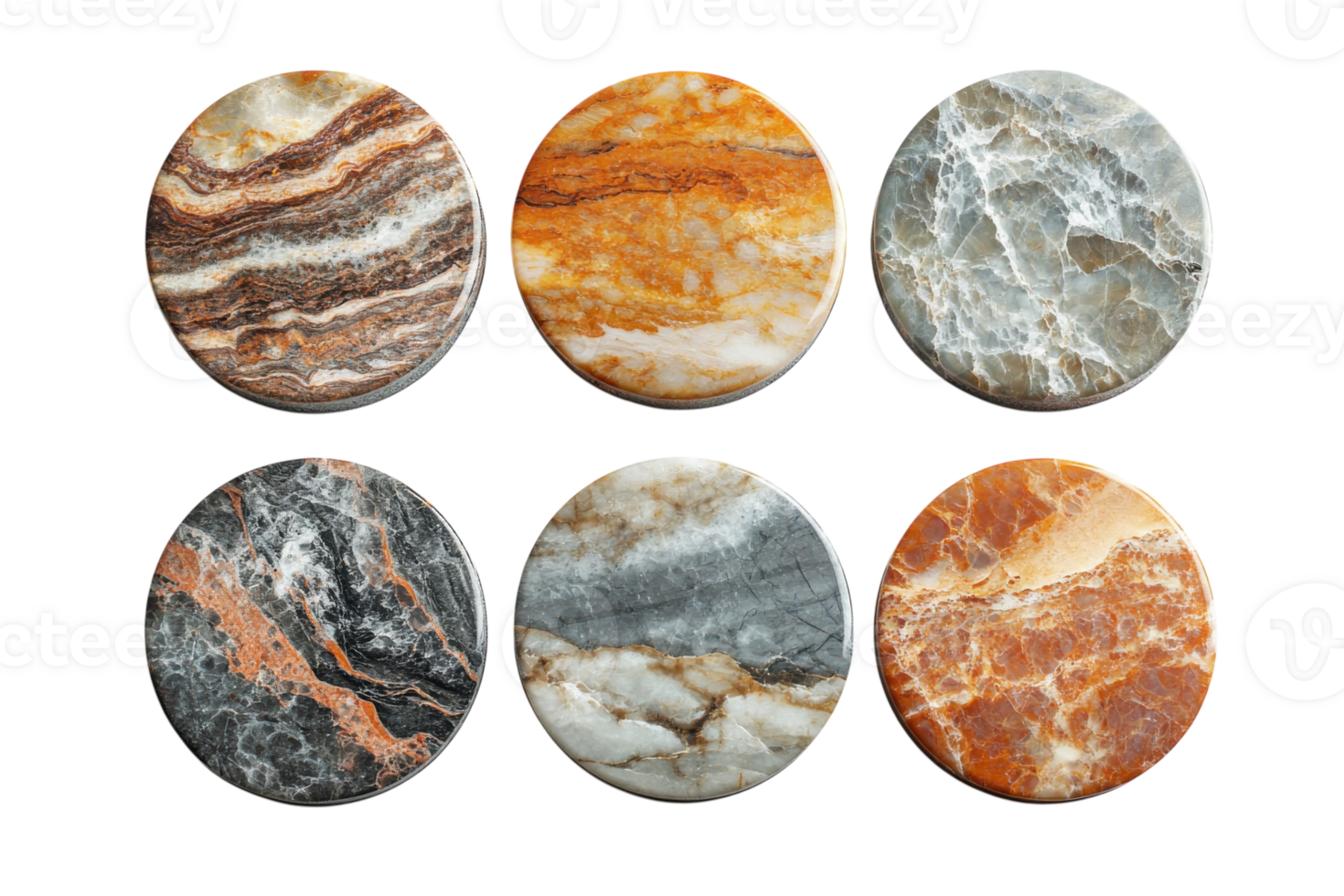 Unique collection of decorative marble coasters in various colors and textures displayed on a white background png