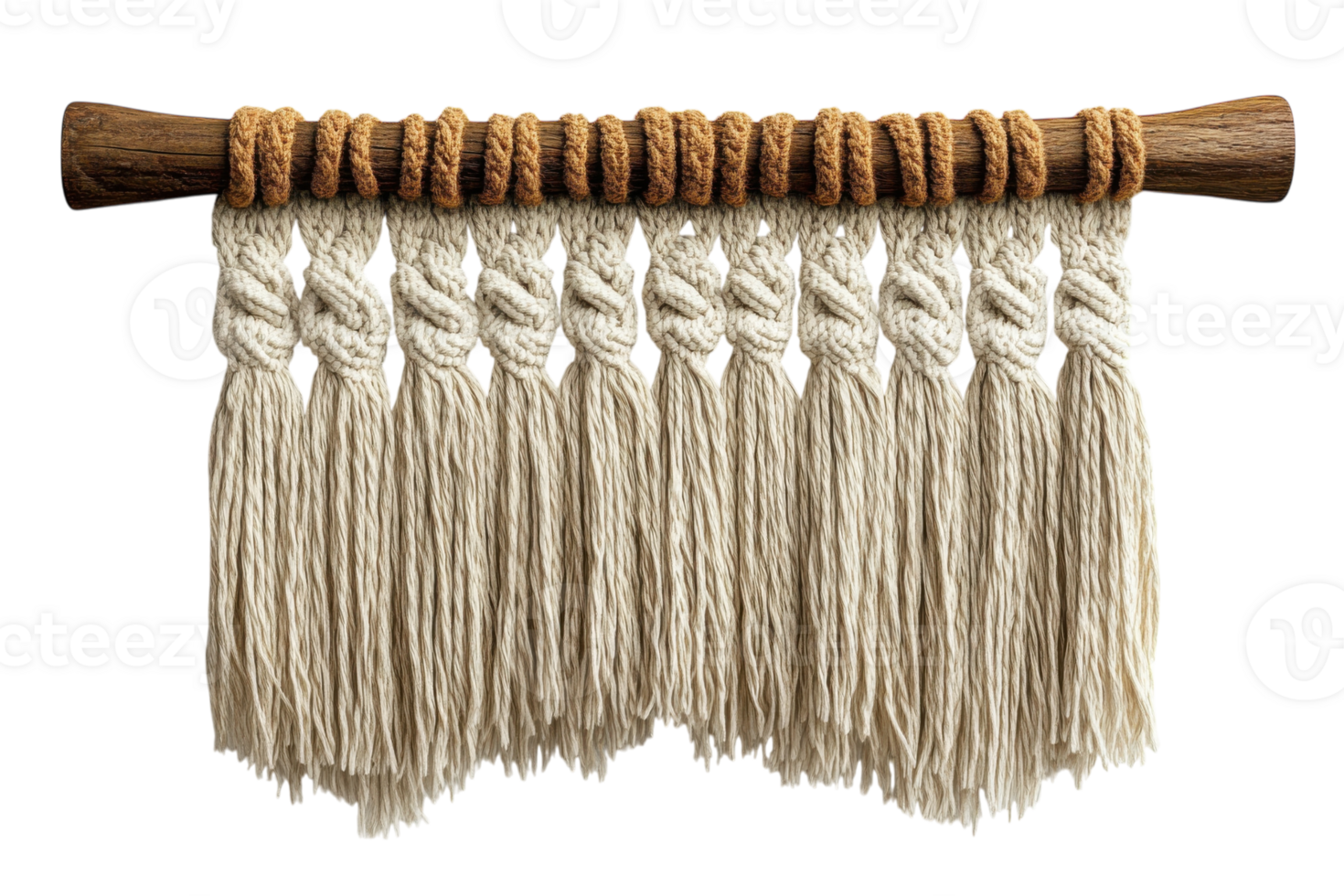 Crafted macrame wall hanging with natural fibers and wooden rod seen in a modern space png