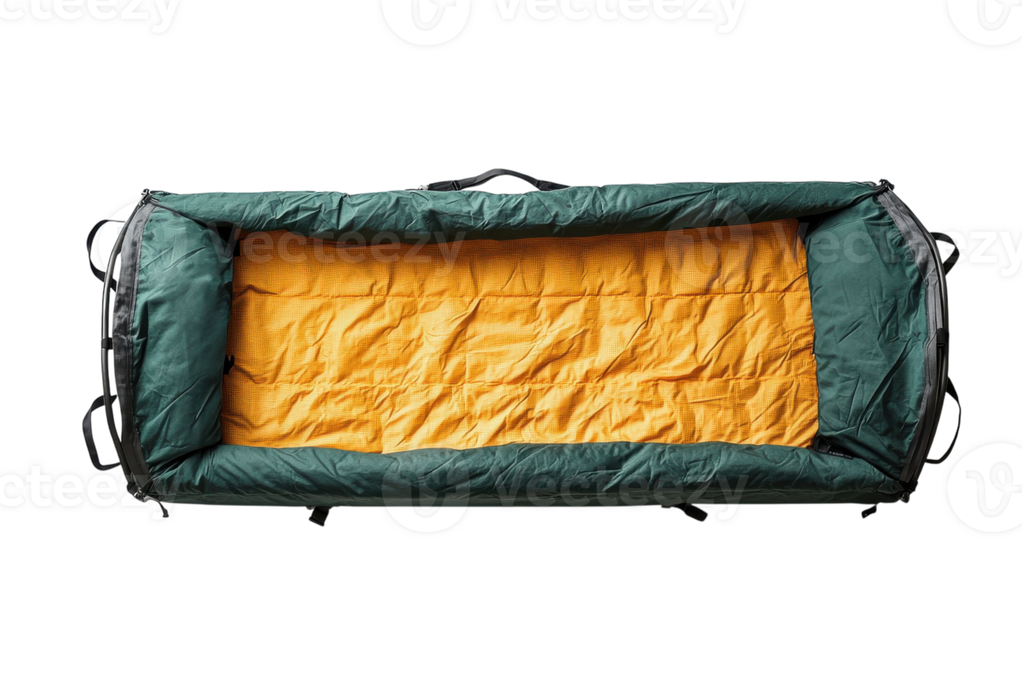Outdoor camping sleeping bag with green exterior and yellow liner designed for comfort and durability during trips png