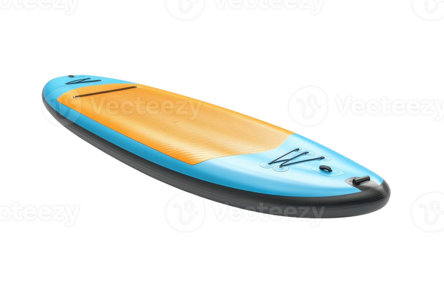 Bright blue and wooden paddleboard ready for use on calm waters at sunset near the coast png