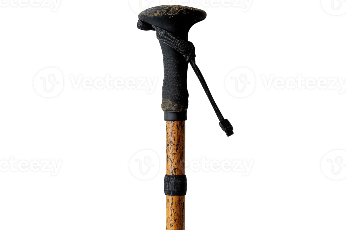Hiking pole made of wood with rubber grip and adjustable strap for outdoor adventures and trekking png