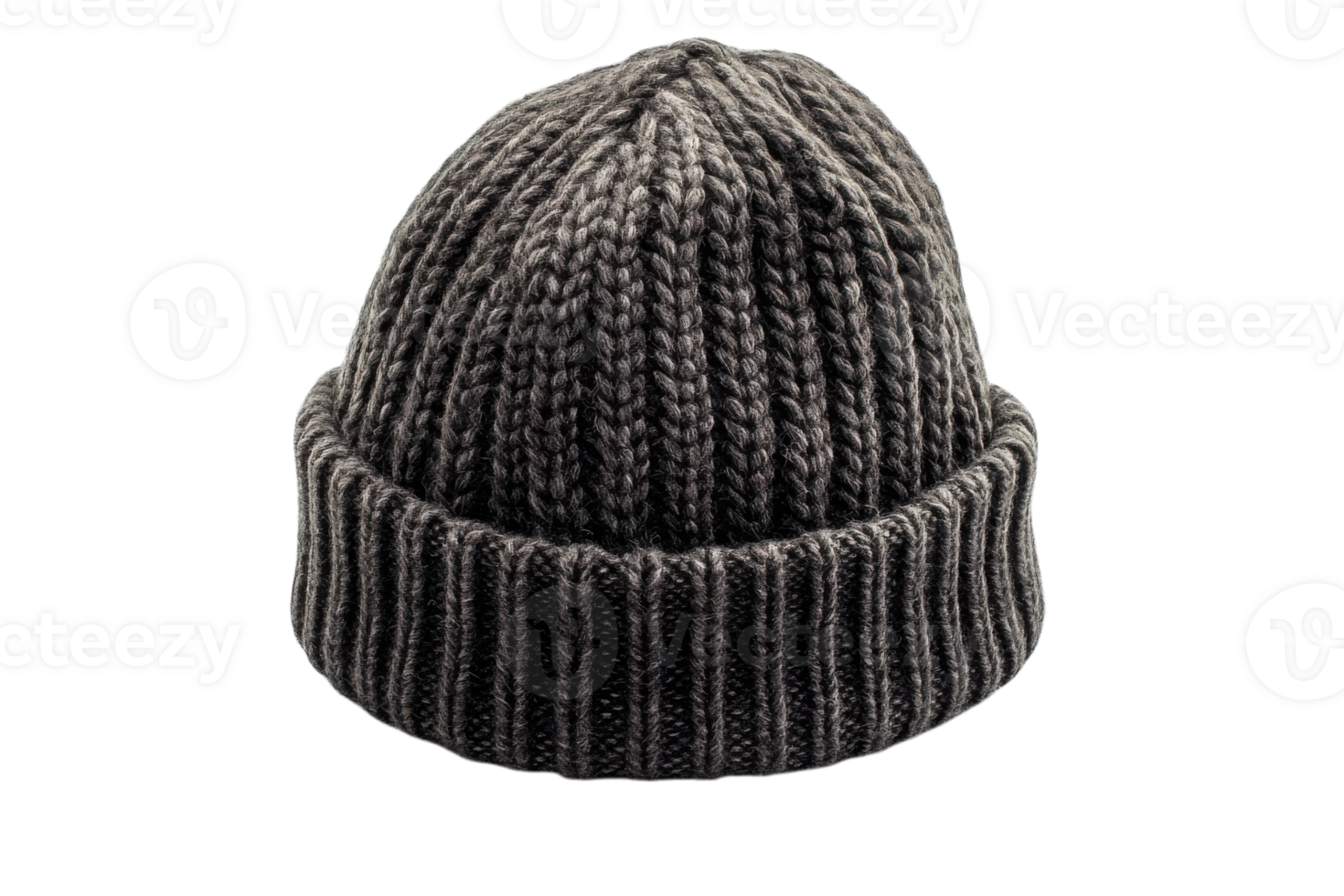 Knitted beanie in muted gray color with ribbed texture displayed on a white background png