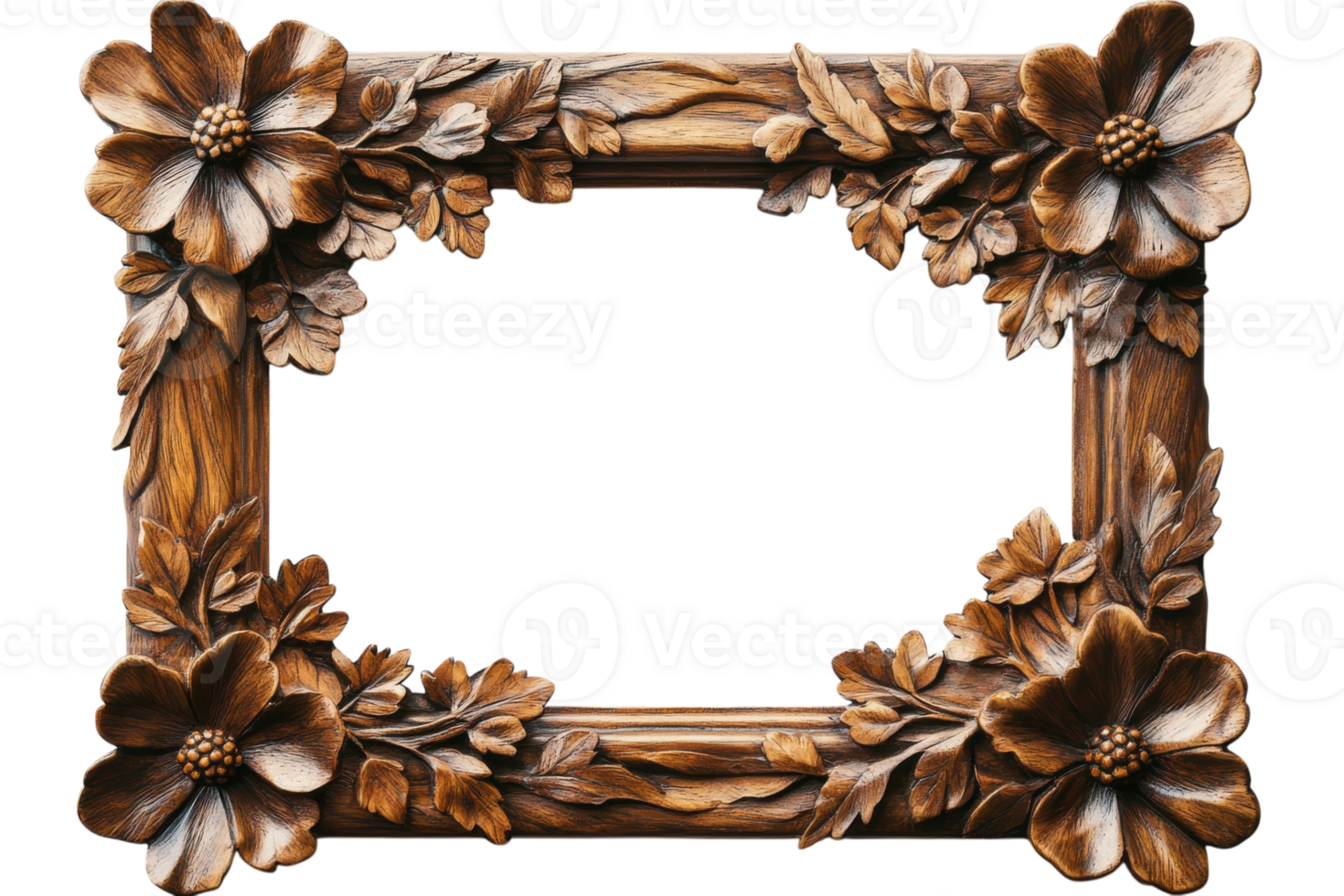 Intricate wooden frame adorned with carved flowers and leaves for home decor or art display png