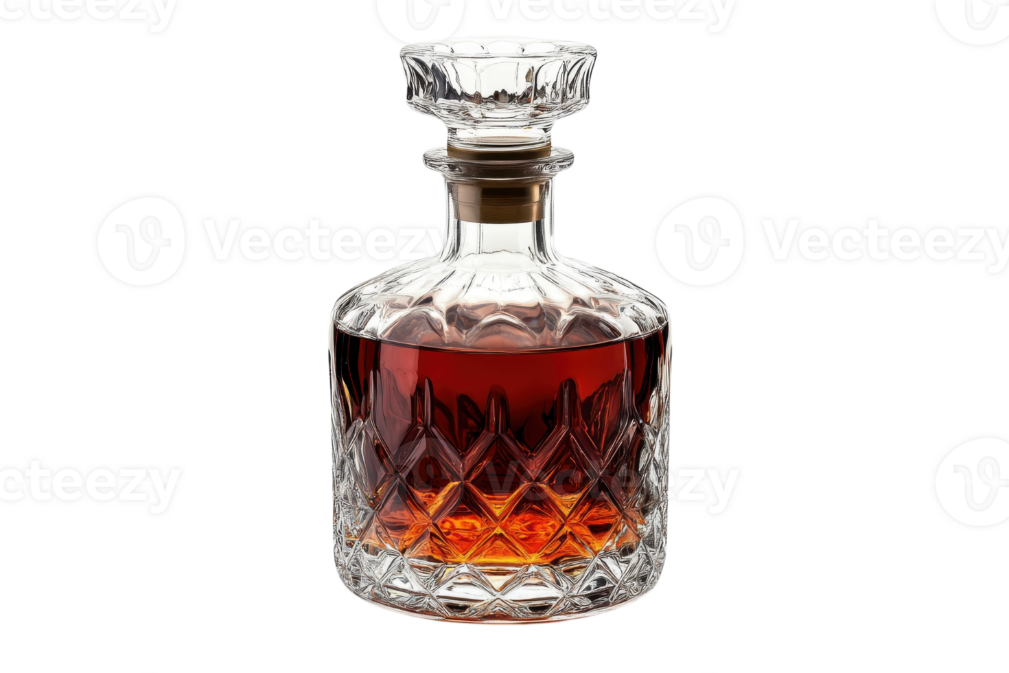 Elegant crystal decanter displaying rich amber liquid on a light background png