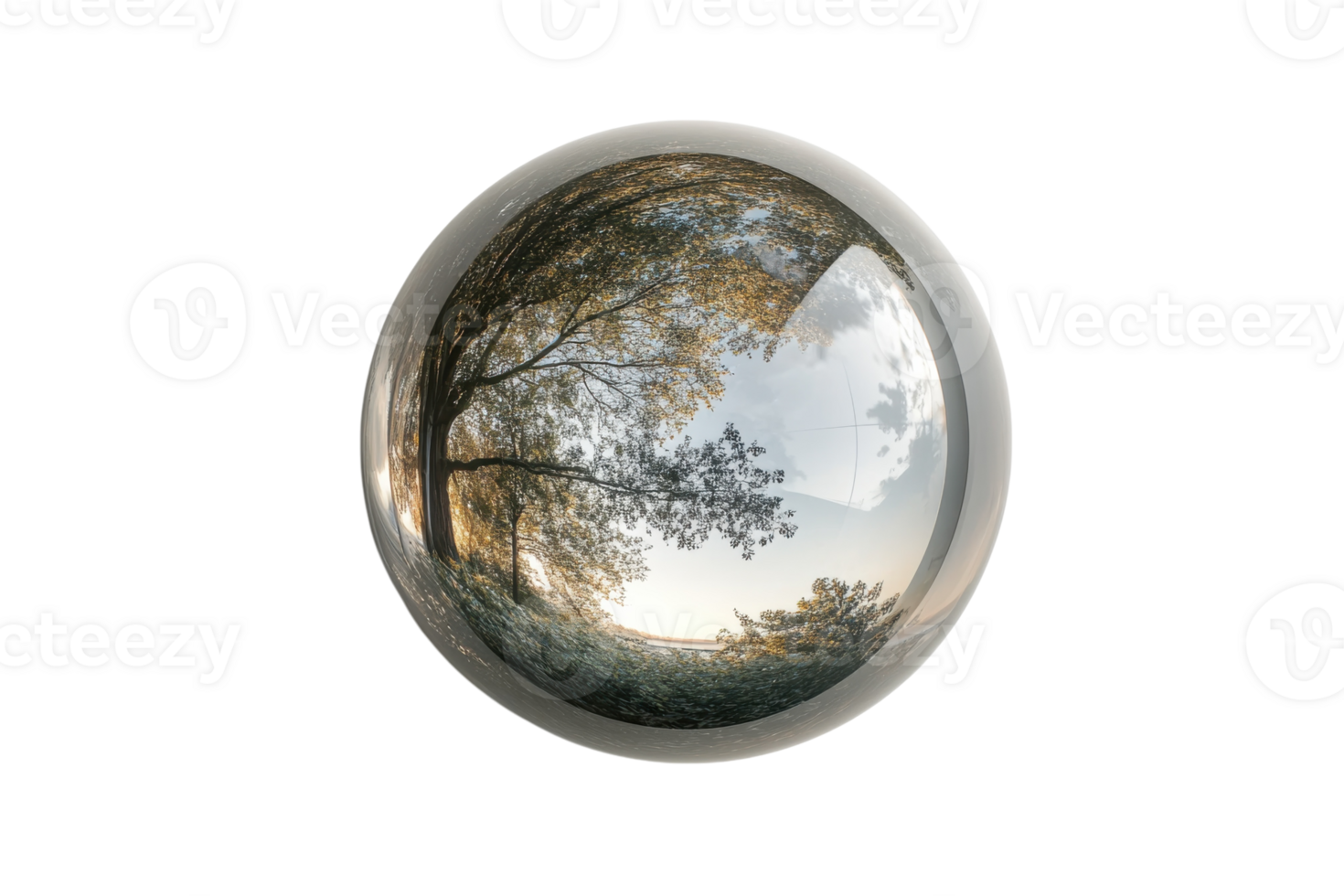 Reflective sphere captures serene landscape with trees and soft clouds in early evening light png