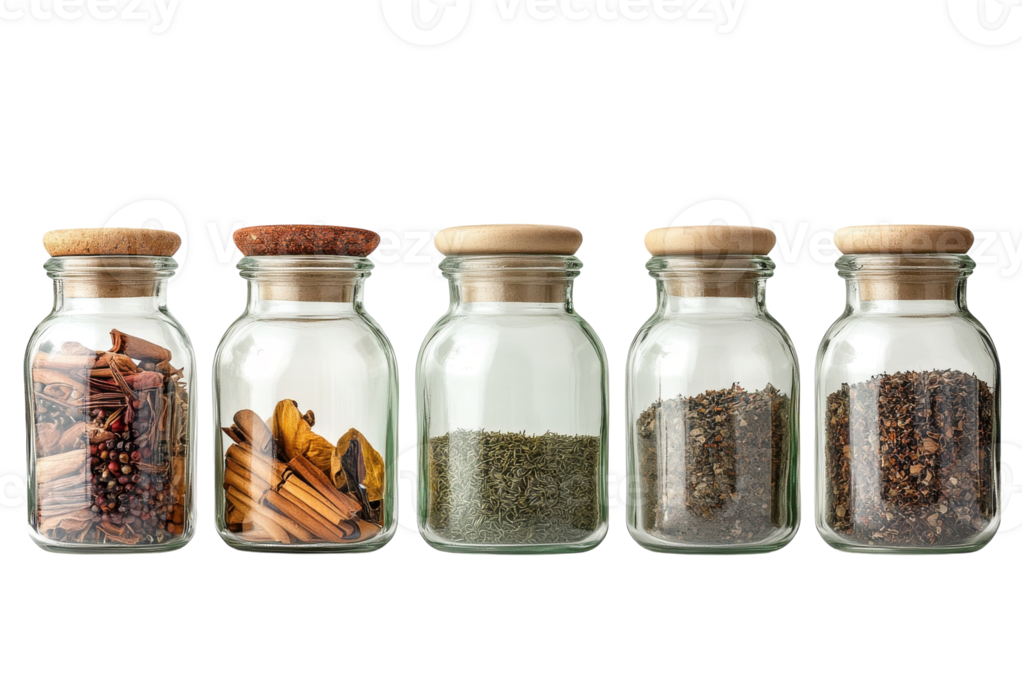 Glass jars filled with various spices arranged neatly on a white background for organized kitchen storage png