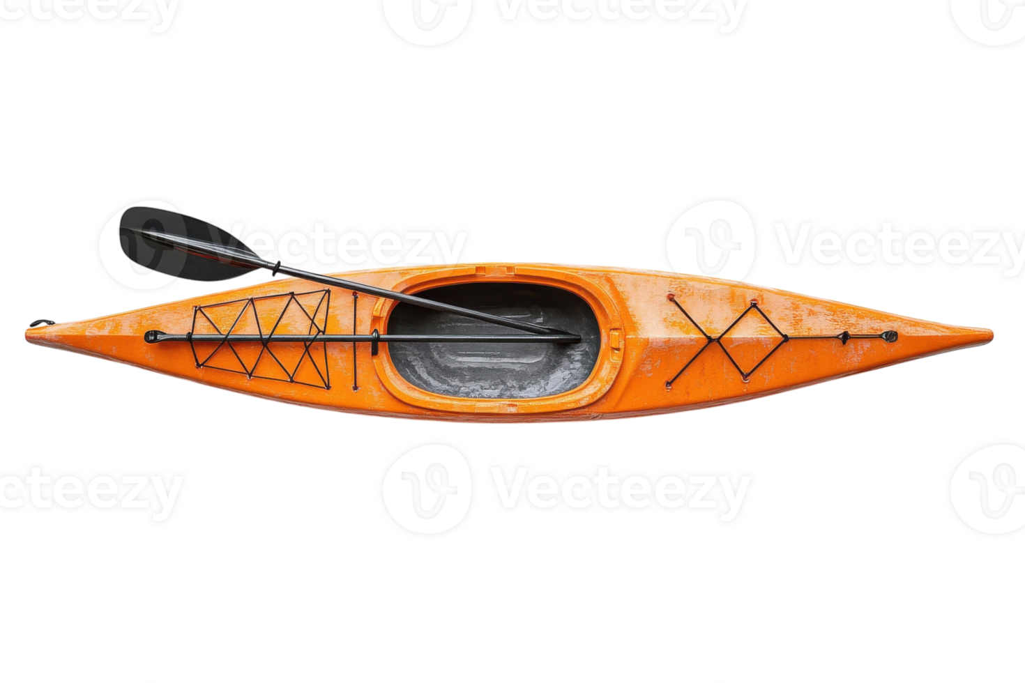 Bright orange kayak displayed on a white surface with a black paddle resting beside it png
