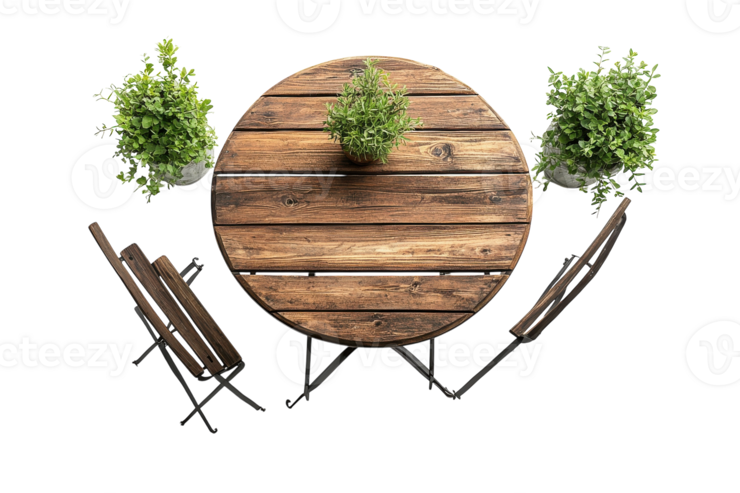 Cozy outdoor seating arrangement with wooden table and potted plants in a bright space png