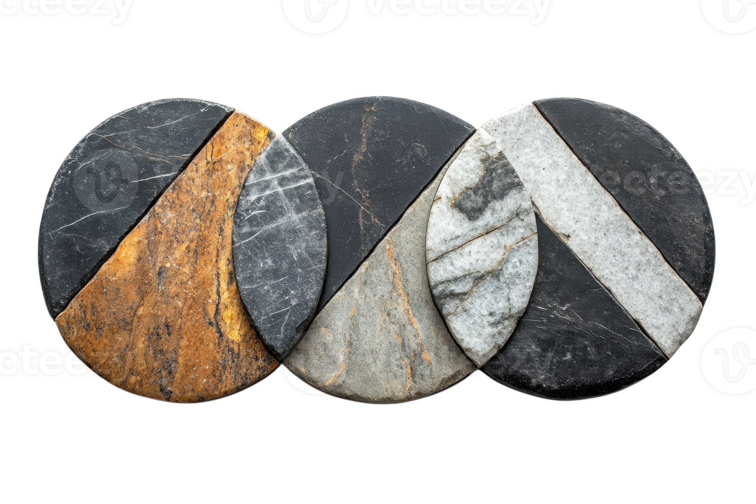 Unique stone coasters featuring intricate patterns and textures displayed on a white surface png