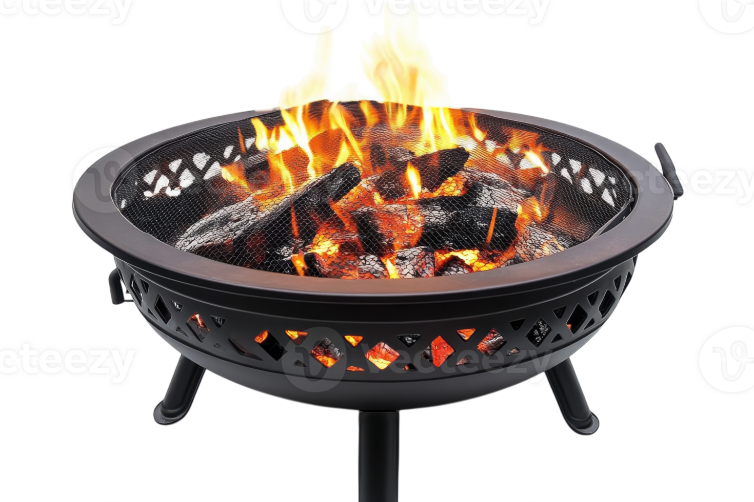 Fire pit with vibrant flames and glowing embers during a cozy outdoor gathering in early evening png