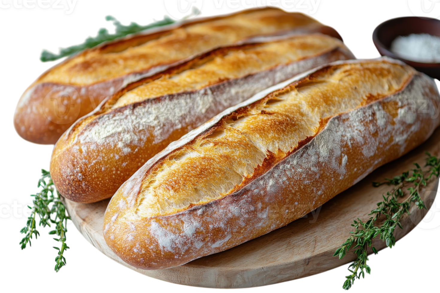 Freshly baked artisan bread loaves displayed on a wooden board with herbs and salt png