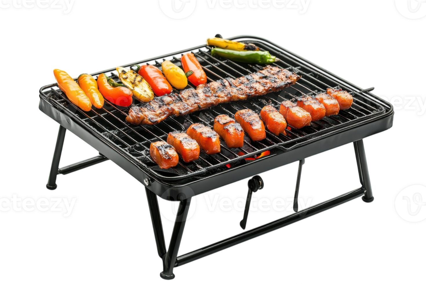 Grilling meat and colorful vegetables on a black barbecue grill during a summer cookout png