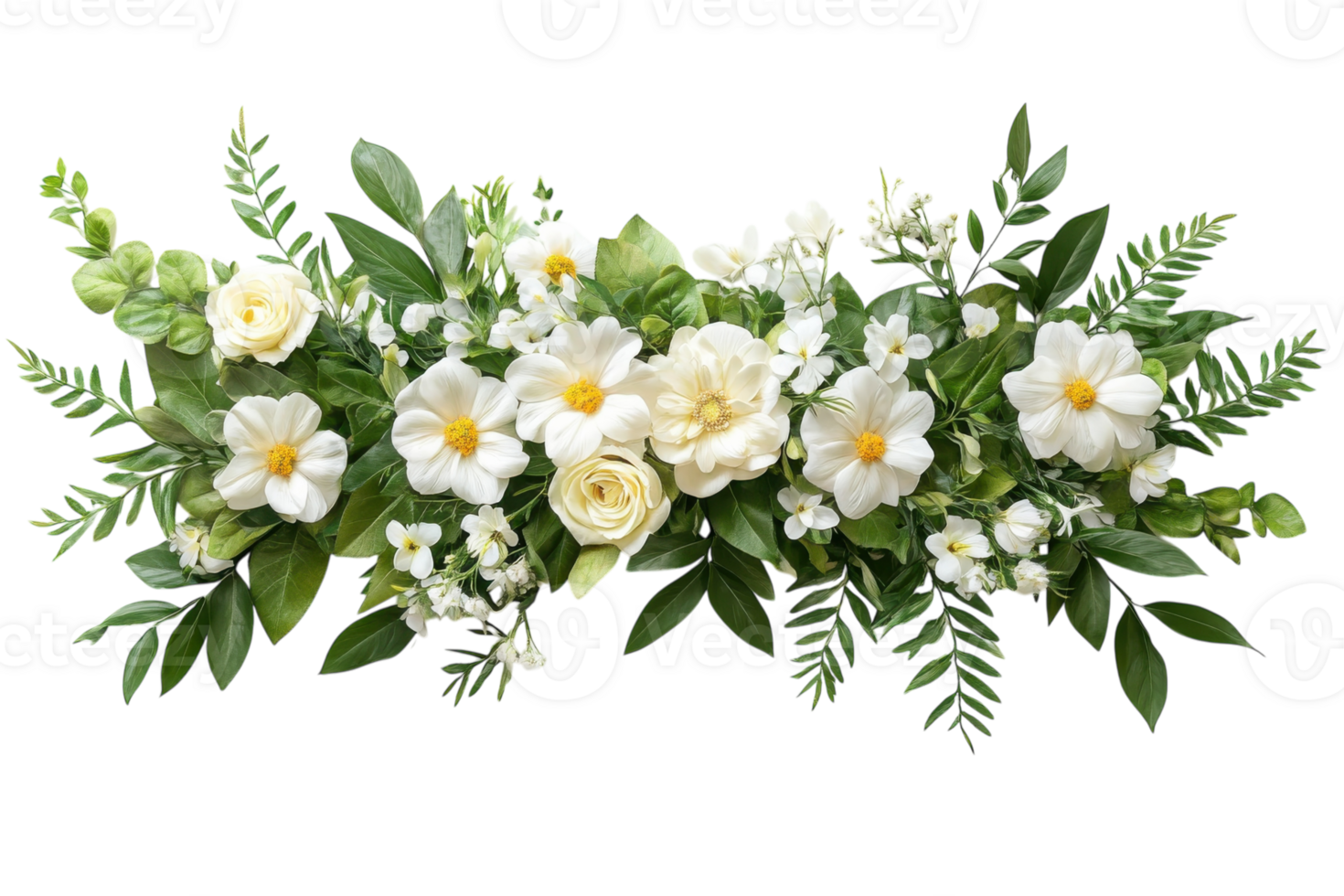 Elegant floral arrangement featuring white blooms and green foliage for decoration or event styling png