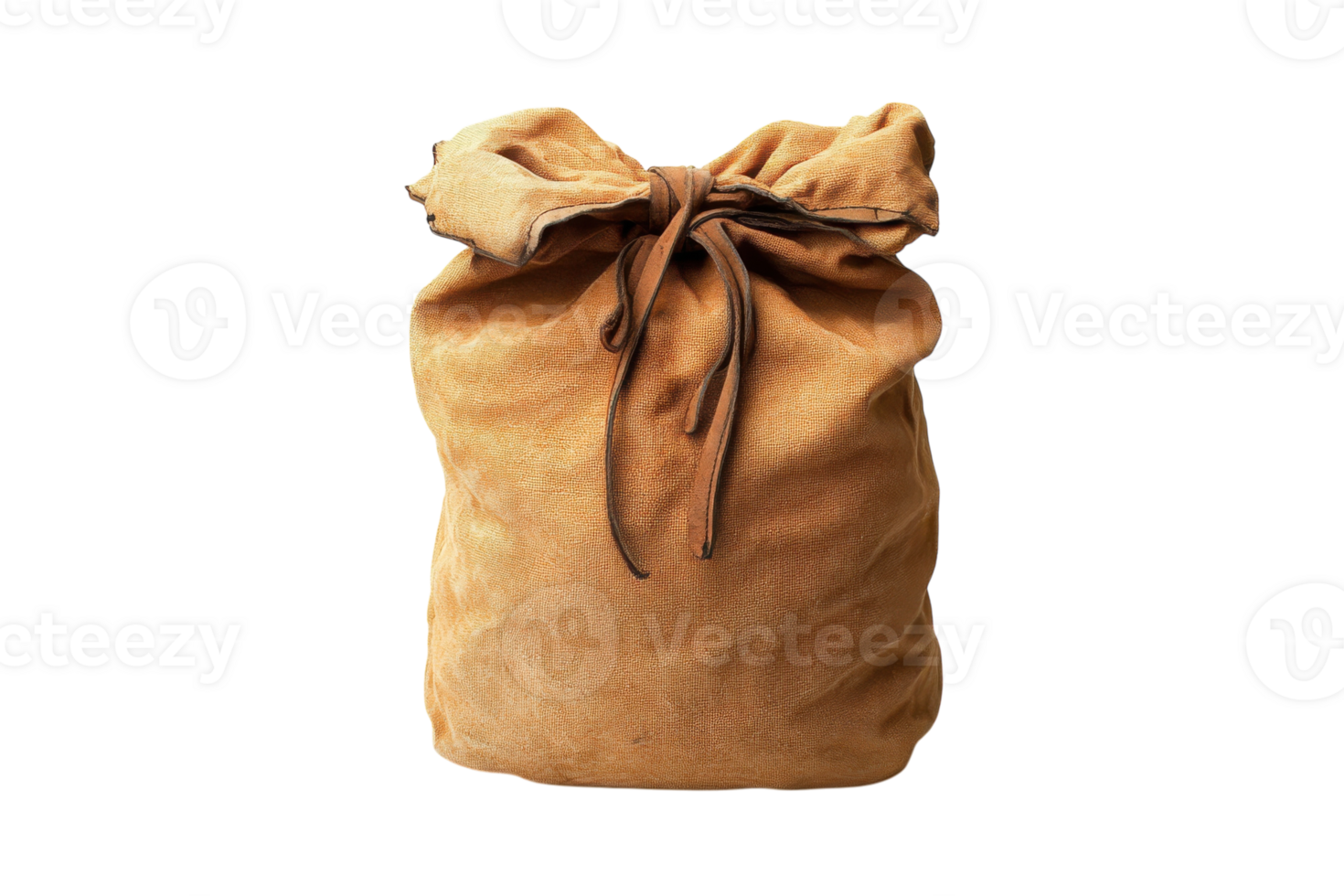 Brown burlap bag tied with a string resting on a plain background png