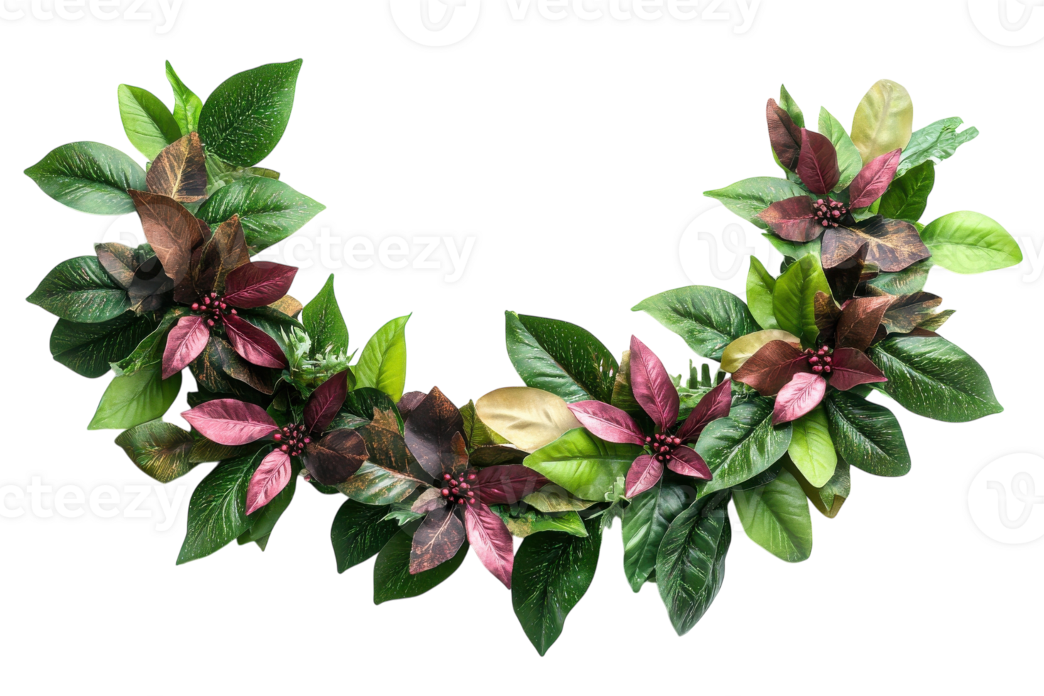 Colorful arrangement of diverse leaves in a floral design on a white backdrop creating a vibrant natural display png