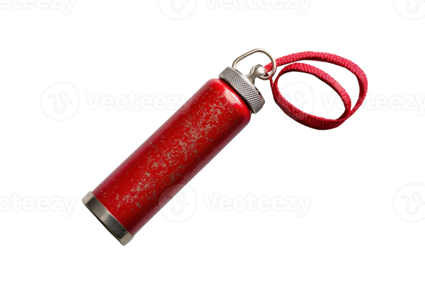 Bright red flashlight with a metal body and a wrist strap intended for outdoor activities and emergency situations png