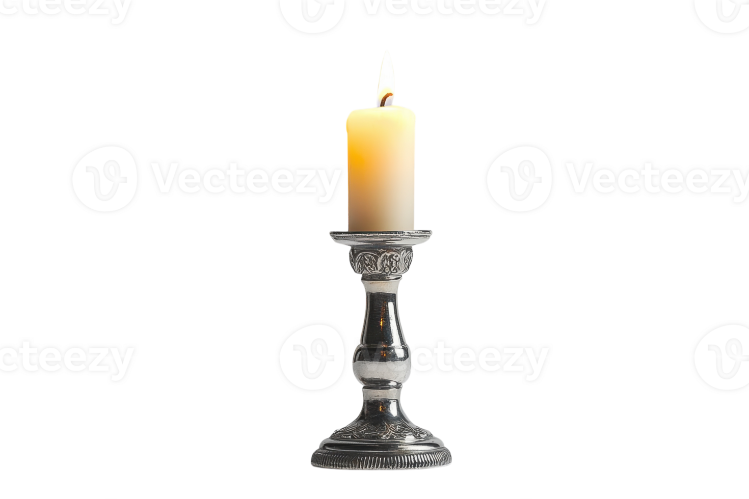 Elegant candle on a silver holder casting a warm glow in a minimalist setting png