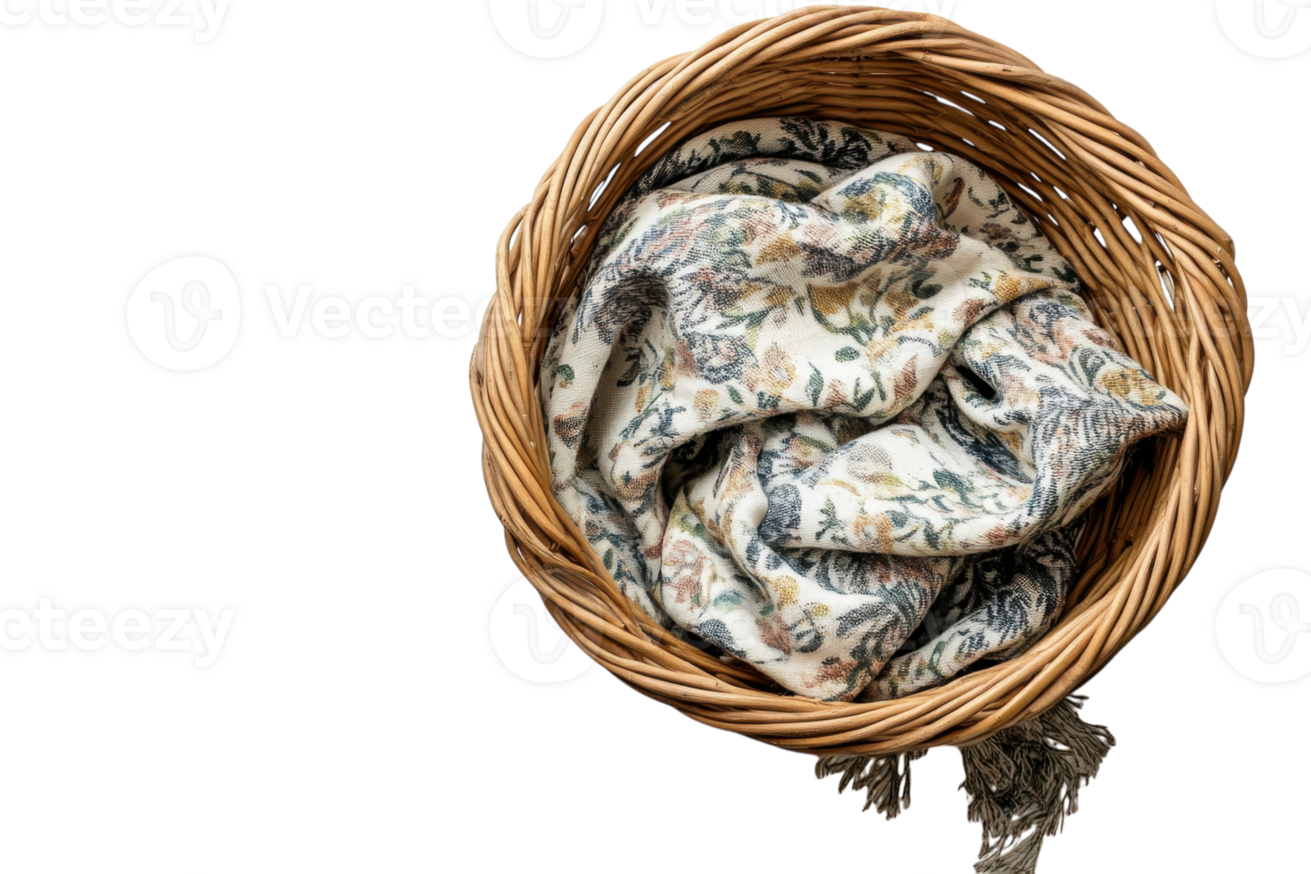 Decorative woven basket containing a patterned textile rests on a neutral background, showcasing elegant design and texture png